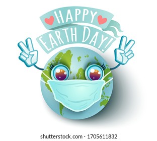 Vector illustration of Earth planet with medical mask in kawaii style for Earth day. Earth day 22 april. We love our planet. 