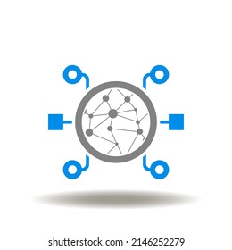 Vector illustration of earth planet with network flowchart. Icon of internet communication and connection. Symbol of networking global web technology.