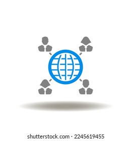 Vector illustration of earth planet and network people. Icon of outsorcing. Symbol of outsource. Sign of recruitment, employment.