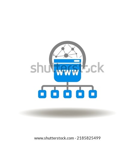Vector illustration of earth planet network with web page and net flowchart. Icon of domain name registration. Symbol of website address internet service.