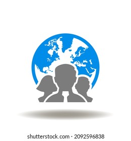 Vector illustration of earth planet with people group. Icon of global business outsource. Symbol of outsourcing. International Freelance HR Sign.