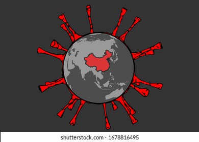 Vector illustration of Earth planet with illustration red virus on dark background