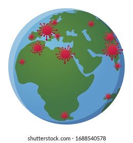 Vector illustration with Earth planet and red virus covid-19 or coronavirus. 2019-nCoV.  Novel coronavirus pandemic. Flat vector modern design