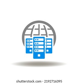Vector illustration of earth planet with server. Icon of database. Symbol of data center network.
