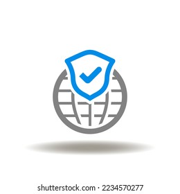 Vector illustration of earth planet with shield and check mark. Icon of cyber security and digital data. Symbol of firewall, antivirus. Sign of web network defense.
