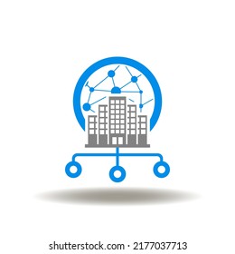 Vector Illustration Of Earth Planet With Skyscraper And Network Flowchart. Icon Of Intranet. Symbol Of Local Corporate Private Network.