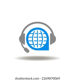 Vector illustration of earth planet and telephone headset. Icon of ask an expert. Symbol of expert advice. Sign of FAQ, support service, web online help center.
