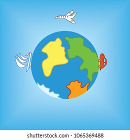 Vector illustration of earth planet and transport plane, car and yacht around the world travel. Blue sky background