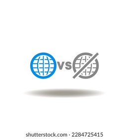 Vector illustration of earth planet versus no or stop globe. Icon of online vs offline. Symbol of online internet technology integration.