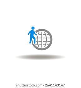 Vector illustration of earth planet and walking man. Icon of migrant person. Symbol of migration.