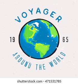 Vector illustration of Earth in print for t-shirt or apparel design. Around the world - phrase. Wear design