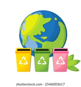 Vector Illustration of Earth and Recycling Bins on Transparent Background