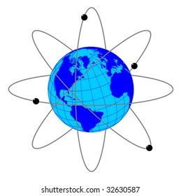 Vector illustration of Earth with satellites and their orbits on white background