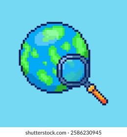 Vector Illustration of Earth Search Icon with Pixel Art Design, perfect for game assets themed designs