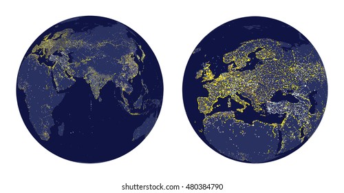 vector illustration of Earth sphere with city lights and zoom of Europe
