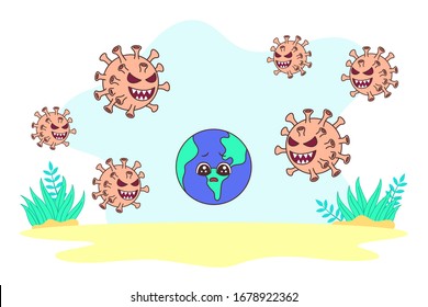 Vector illustration Earth is surrounded by coronavirus. Corona virus attacks the earth. Corona virus is chasing earth a metaphor for epidemic corona virus in the world.