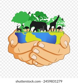 Vector illustration of earth with trees and animals in hands transparent background