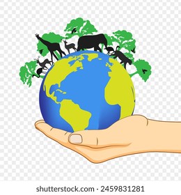 Vector illustration of earth with trees and animals in hands transparent background