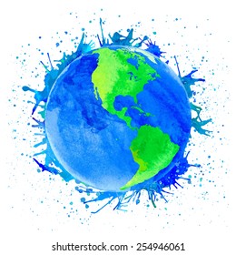 Vector illustration of Earth. Watercolor style with spots and splashes