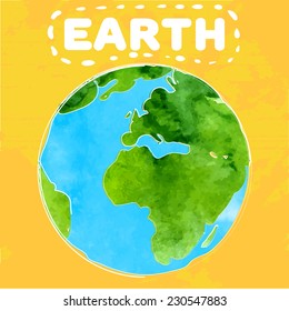 Vector illustration of earth with watercolor texture. 