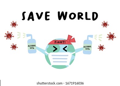 Vector illustration of the earth wear surgical mask and spray alcohol to corona virus on isolated white background. Prevention of COVID19 viral diseases, save the world concept.