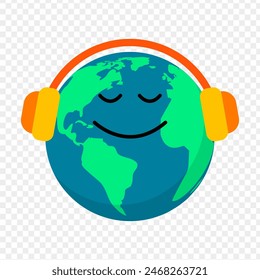 Vector illustration of Earth wearing headphones listening to music on transparent background