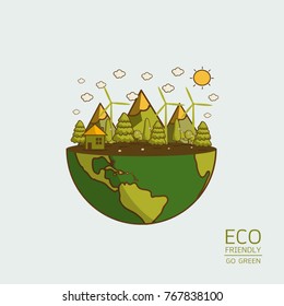 Vector illustration of earth with of wind turbine, house, and trees. Background for save earth day. Environmental, ecology, nature protection and pollution concept.