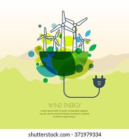 Vector illustration of earth with wind turbines, and wire plug. Wind alternative energy generator. Background design for save earth day. Environmental, ecology and renewable energy business concept. 