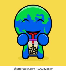 vector illustration earth world like drink boba tea, cute cartoon, earth stand with drinking boba tea