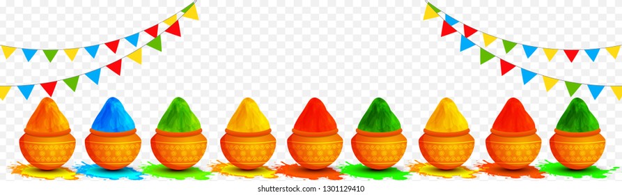 Vector illustration of earthen pots full of dry colors decorated on transparent background for Holi festival celebration header or banner design.