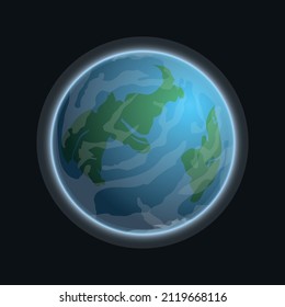Vector illustration of an earth-like planet in a dark galaxy with continents and clouds. 