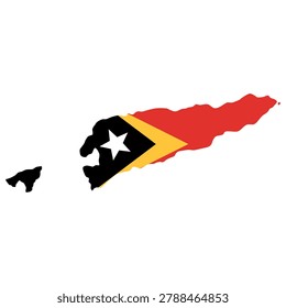 Vector illustration of East Timor in the shape of its island outline, filled with the East Timorese flag colors. Clean flat design featuring red field with black and yellow triangles and a white star emblem. Minimal geographic silhouette suitable for education, travel, and infographic use. Isolated scalable composition for digital and print projects.