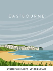 Vector illustration. Eastbourne  England. Poster design, wall poster, postcard, cover. Sea, ocean, shore. Tourism, travel.