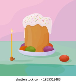 Vector illustration Easter 2021. Holiday cake with colored eggs and candle.