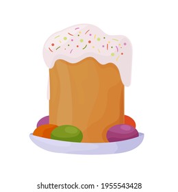 Vector illustration Easter 2021. Holiday cake with colored eggs.