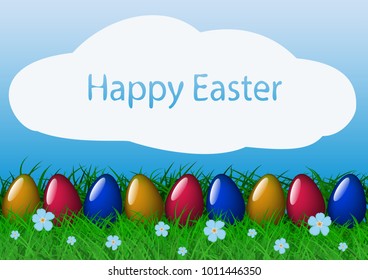 Vector illustration easter banner with grass, colored eggs and sunlight effect in blue sky.