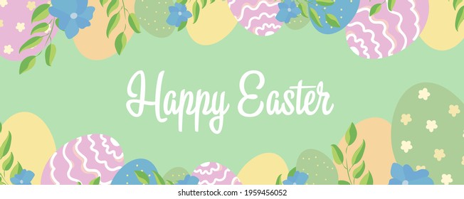 Vector illustration of Easter banner. Trendy design with typography, hand painted strokes and dots, eggs. Modern minimal style. Horizontal poster, greeting card, header for website. Happy Easter