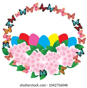 vector illustration of Easter basket with eggs, flowers, butterflies