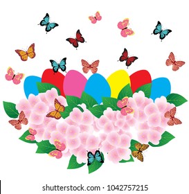 vector illustration of Easter basket with eggs, flowers, butterflies