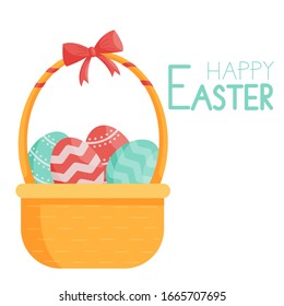 Vector illustration of an Easter basket with eggs and a greeting lettering.