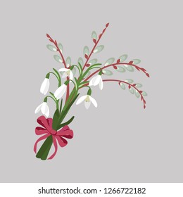 Vector illustration of an Easter bouquet of snowdrops with willow twigs on a white isolated background. Template for postcard, cover, web design.