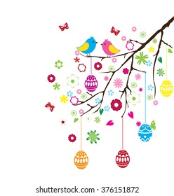 vector illustration of Easter branch with eggs, birds and flowers