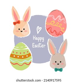 Vector illustration for easter, bunnies and easter eggs, card in cartoon style