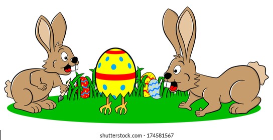 vector illustration of easter bunnies finding a running easter egg