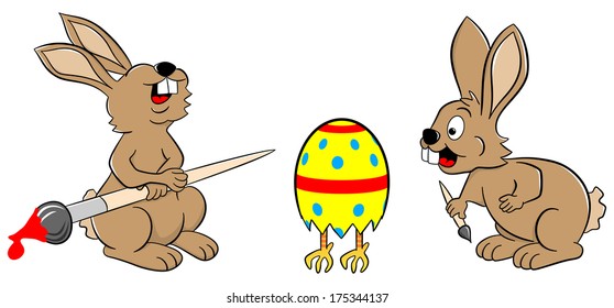 vector illustration of Easter bunnies finding a running Easter egg