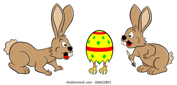 vector illustration of easter bunnies finding a running easter egg
