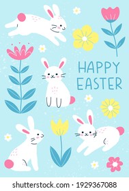 Vector illustration of Easter bunnies hopping around flowers. Cute card, banner or poster design template for the spring holiday. Easter concept in modern cartoon style.