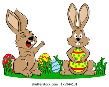 vector illustration of Easter bunnies playing with Easter eggs on white background