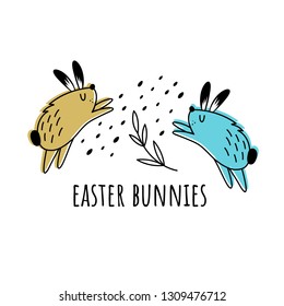 Vector illustration of Easter Bunnies. Scandinavian style. Doodle style.