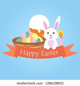 Vector illustration of Easter Bunny basket with eggs, Easter cake with candle